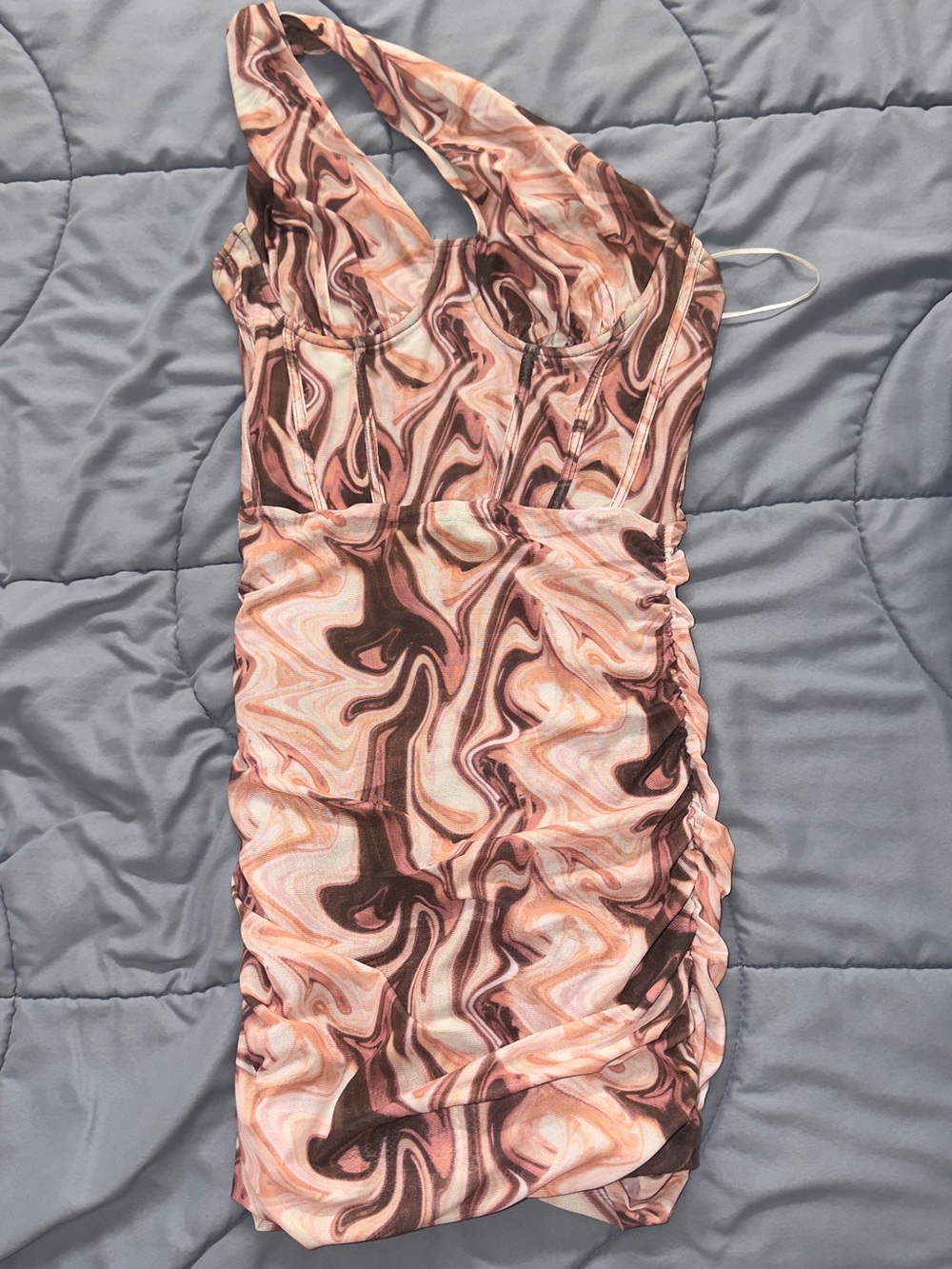 Ruched Halter Mini Dress in Pink and Brown Marble Print